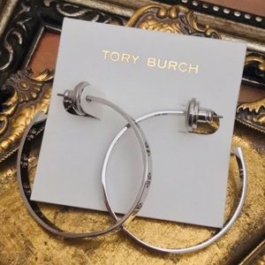 TORY BURCH • Silver Pierced T Logo Hoop Earrings